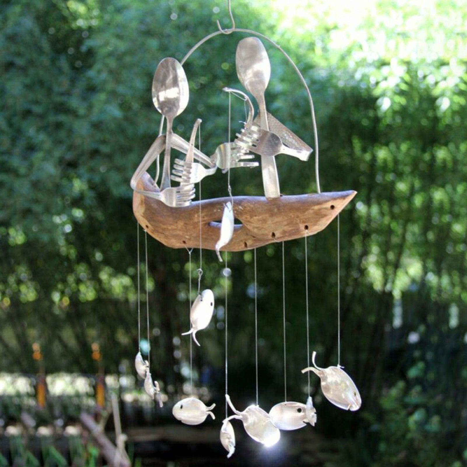 Creative Fishing Man Spoon Fish Sculptures Wind Chime Home Bedroom Painted Fish Mobile Tropical Fish Home Decor  Yard Garden Hanging Ornament Decoration
