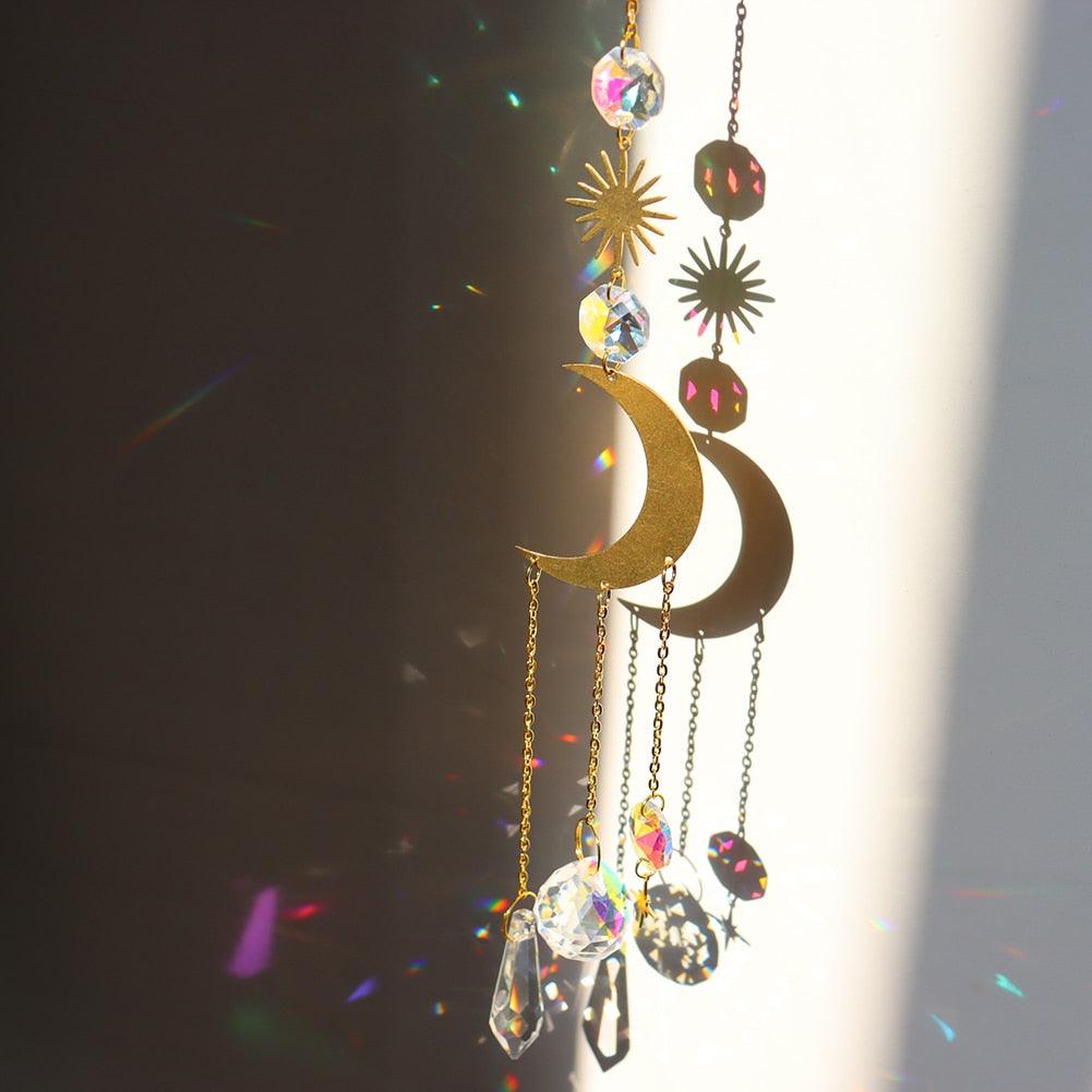 Crystal Wind Chime Star Moon Sun Pendant Indoor Window For Window in Garden Starry Sky Decor Catchers with Crystals  Dream Sun Catchers Plated Colorful Beads Hanging Drop for Outdoor Garden Moon Prism