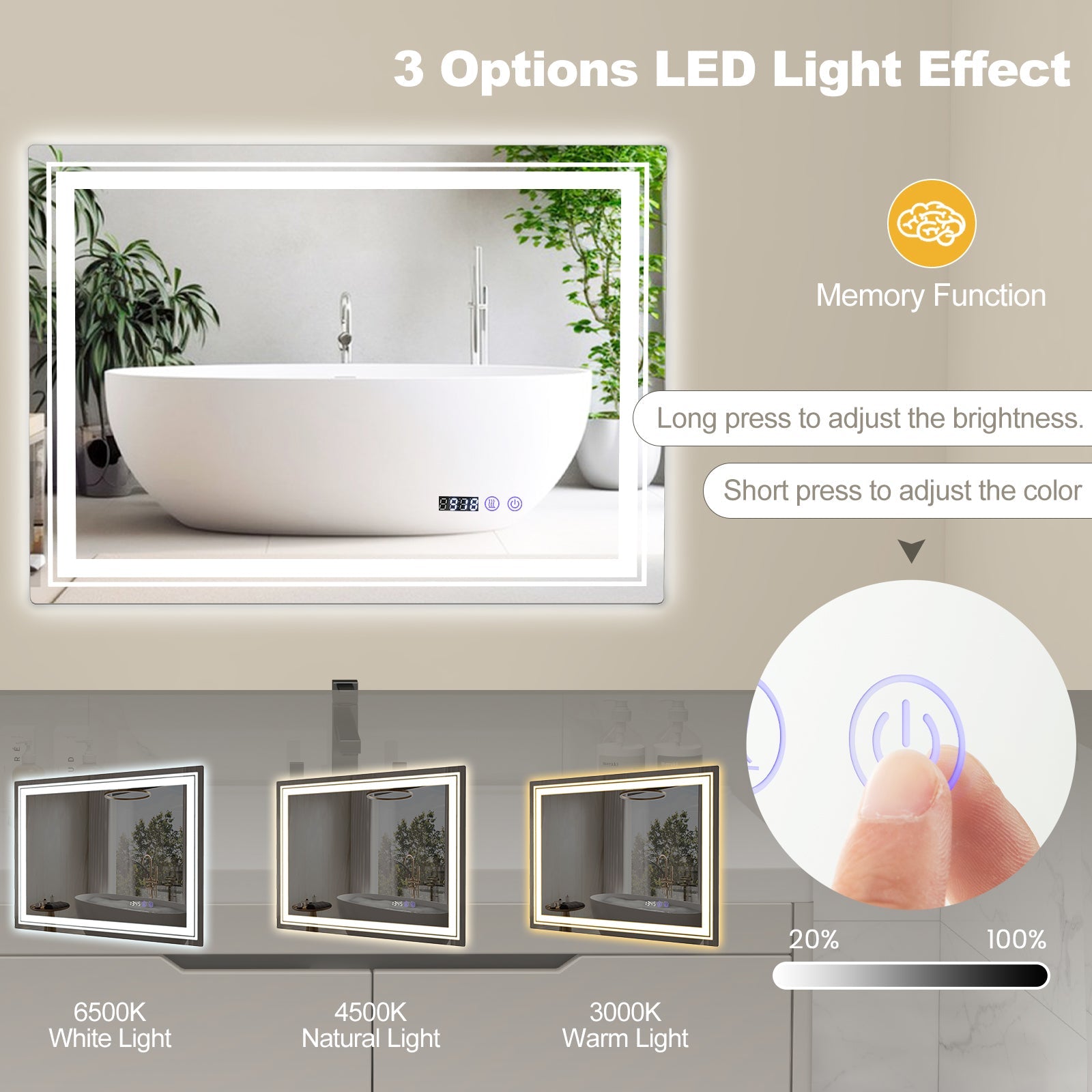 Defogging LED Bathroom Mirror with Memory Function and Anti-Fog