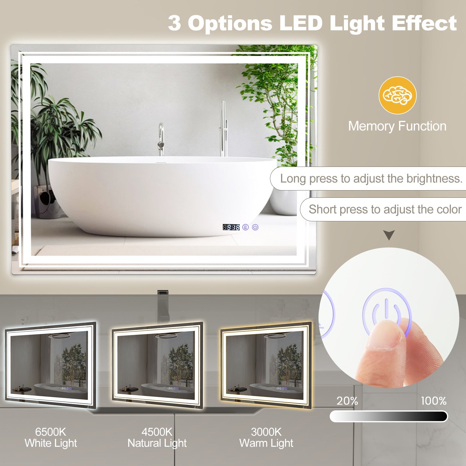Defogging LED Bathroom Mirror with Memory Function and Anti-Fog