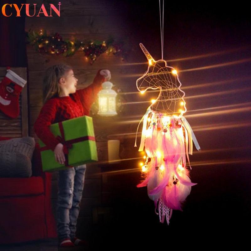 Dream Catcher with Lights Unicorn Party Supplies Hanging Ornament Unicorn Feather Handmade Catchers Craft Gift Home Decorations Girls Bedroom Wall Decor Colorful Wall Hanging Decorations For Baby Room Theme Birthday Wedding Party