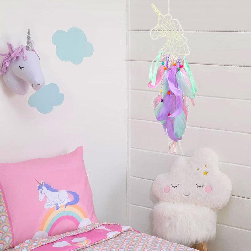Dream Catcher with Lights Unicorn Party Supplies Hanging Ornament Unicorn Feather Handmade Catchers Craft Gift Home Decorations Girls Bedroom Wall Decor Colorful Wall Hanging Decorations For Baby Room Theme Birthday Wedding Party