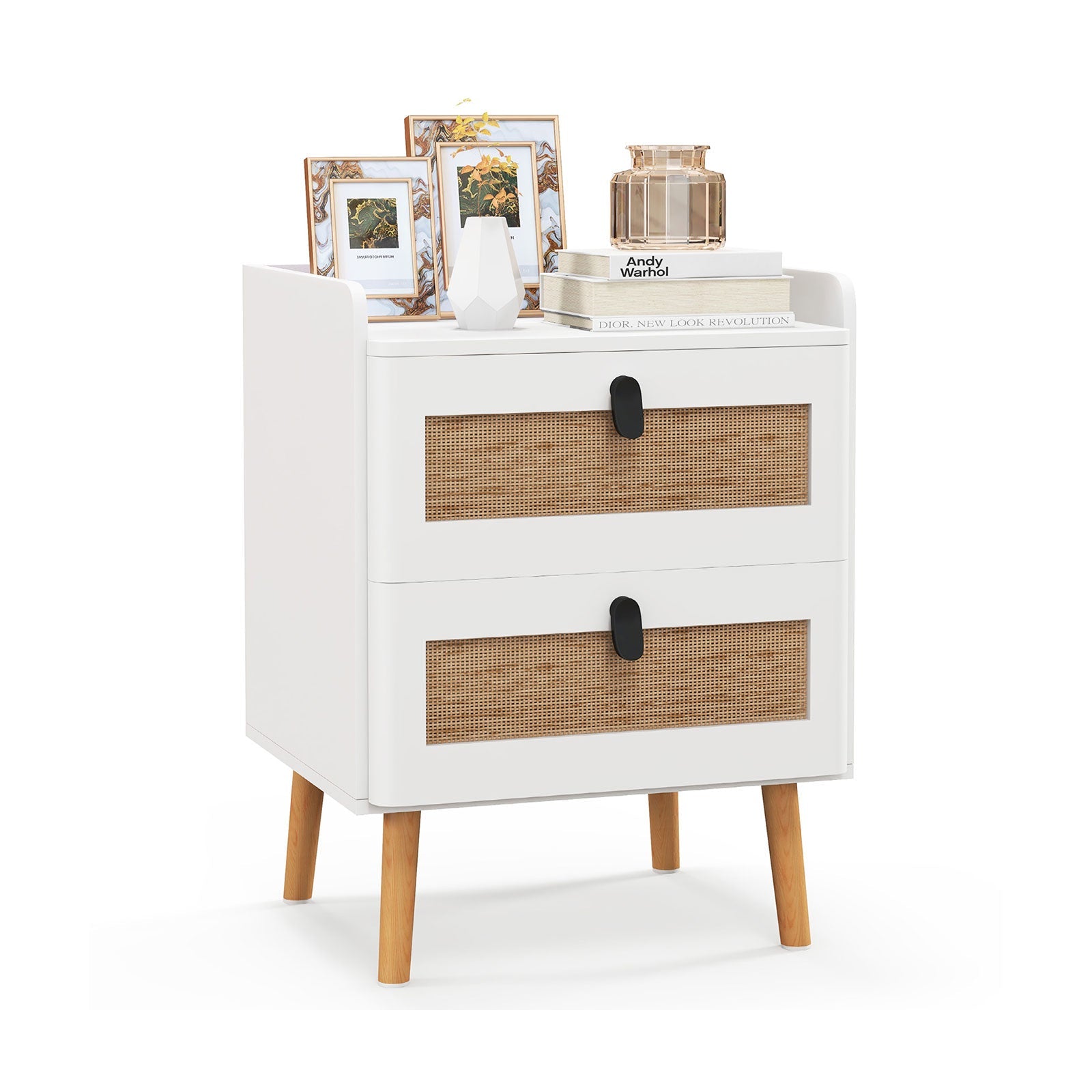 Modern End Table Bedside Table with 2 Rattan Decorated Drawers
