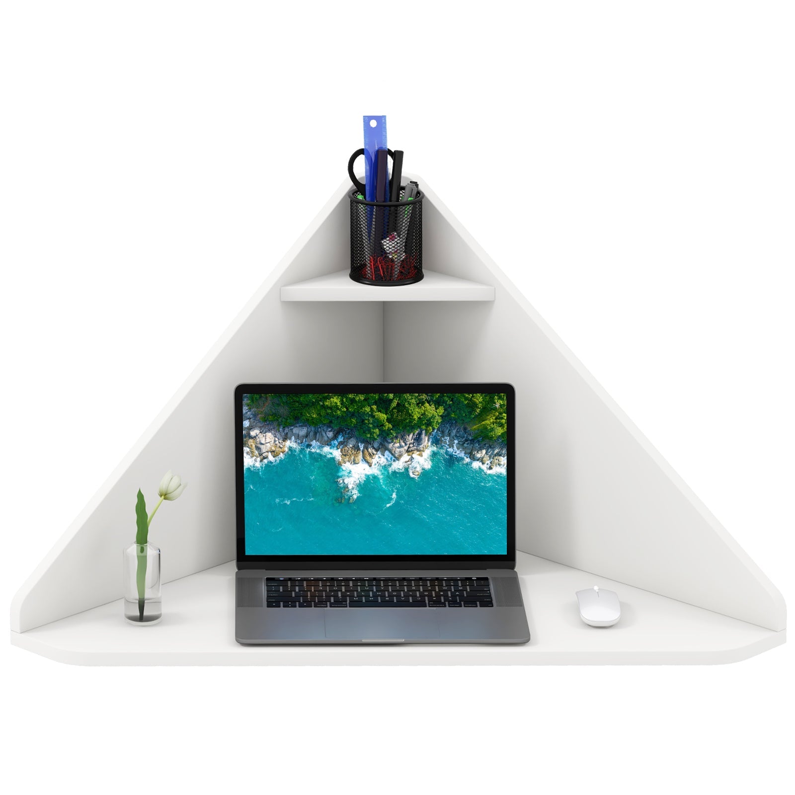 Floating Triangular Corner Computer Desk with Storage Shelf