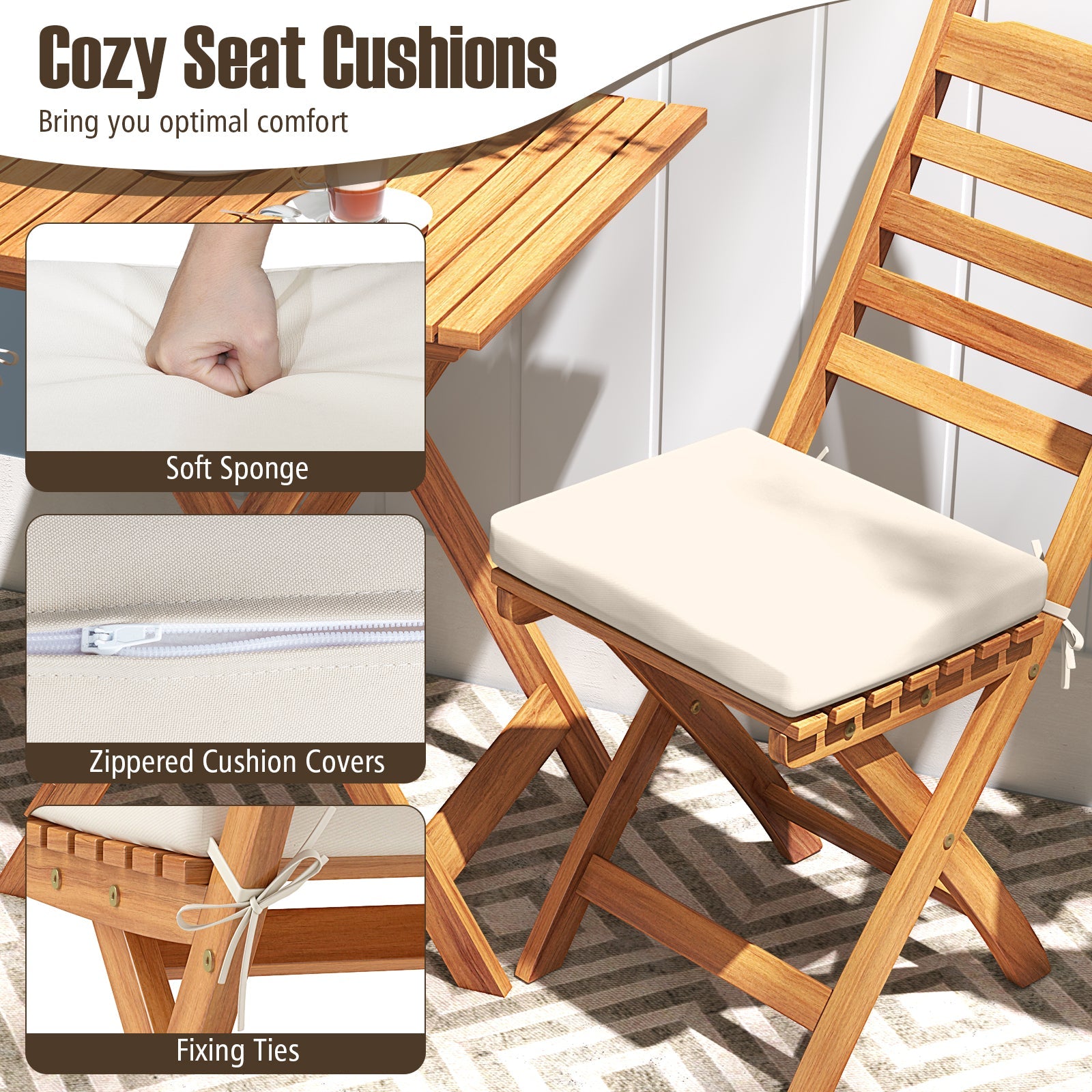 Folding Chair Table Set with Soft Seat Cushions and Table-White
