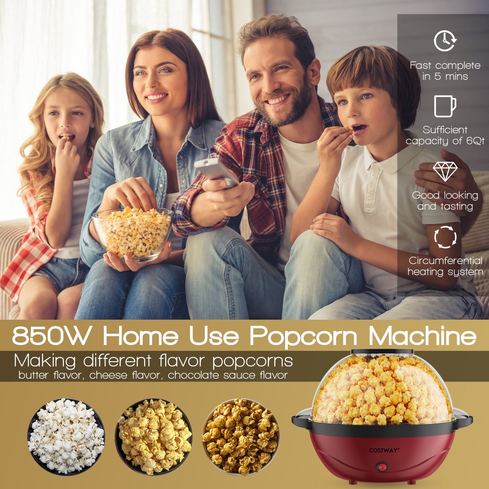 6QT Stirring Popcorn Popper Maker with Nonstick Plate