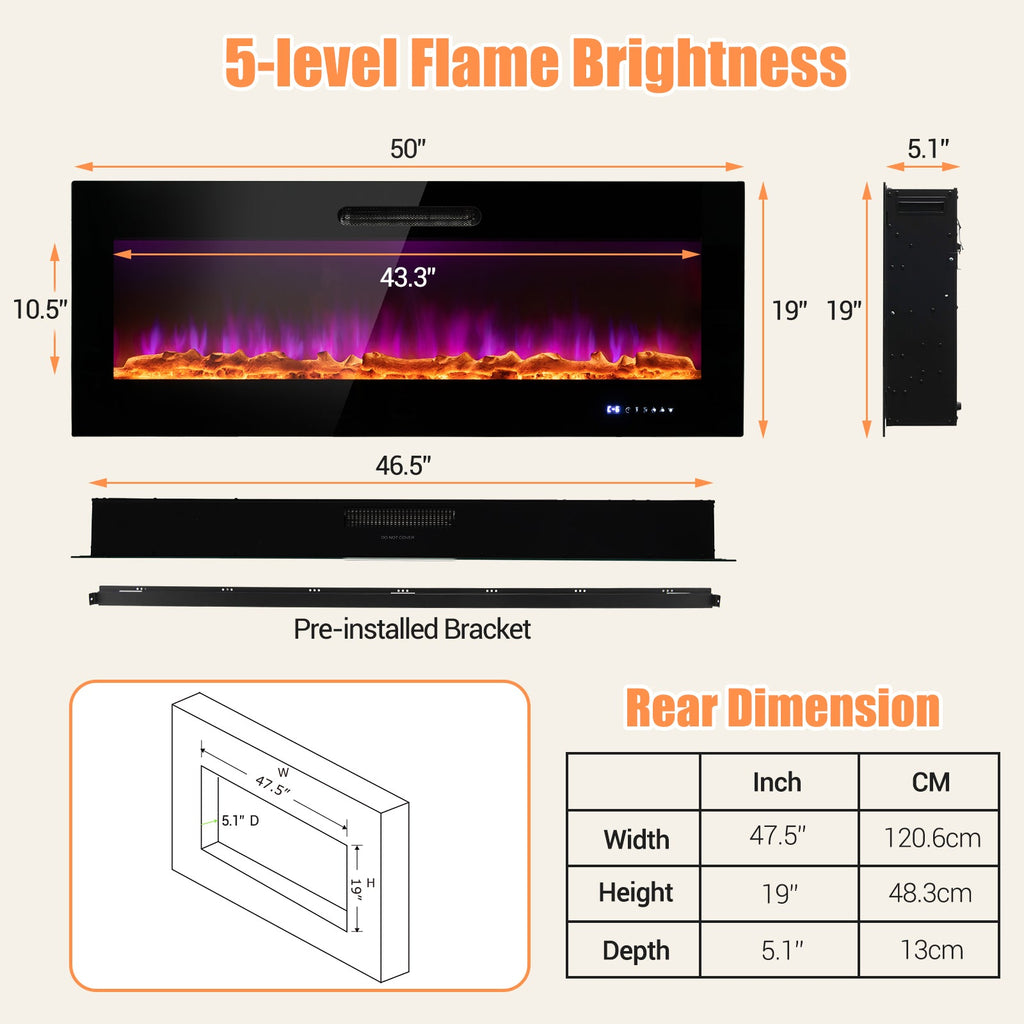 50/60 Inch Wall Mounted Recessed Electric Fireplace with Decorative Crystal and Log