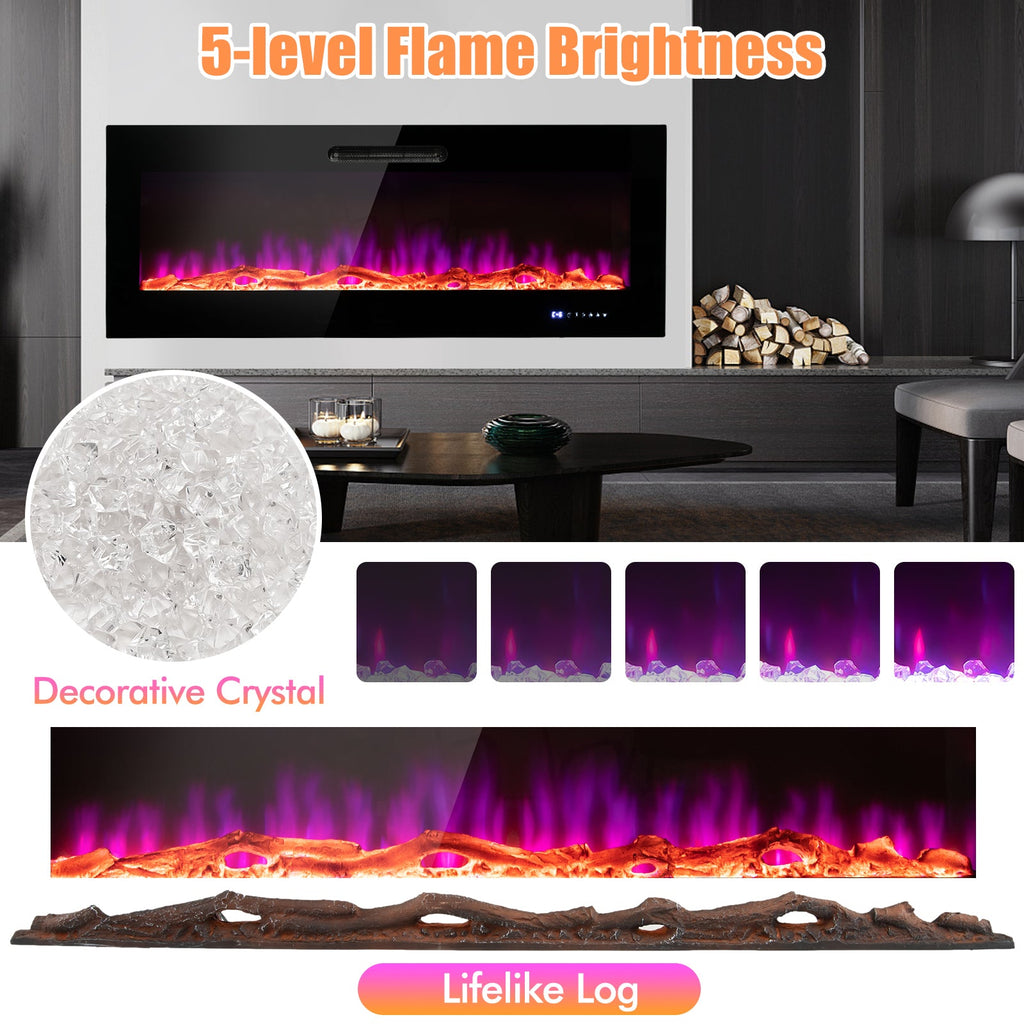 50/60 Inch Wall Mounted Recessed Electric Fireplace with Decorative Crystal and Log