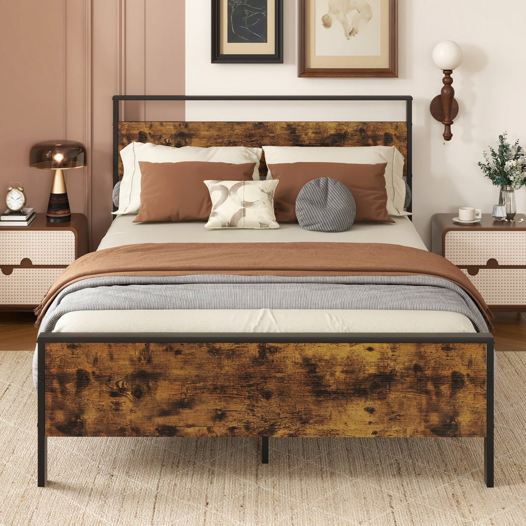 King Metal Bed Frame Industrial Platform Bed with Wooden Headboard