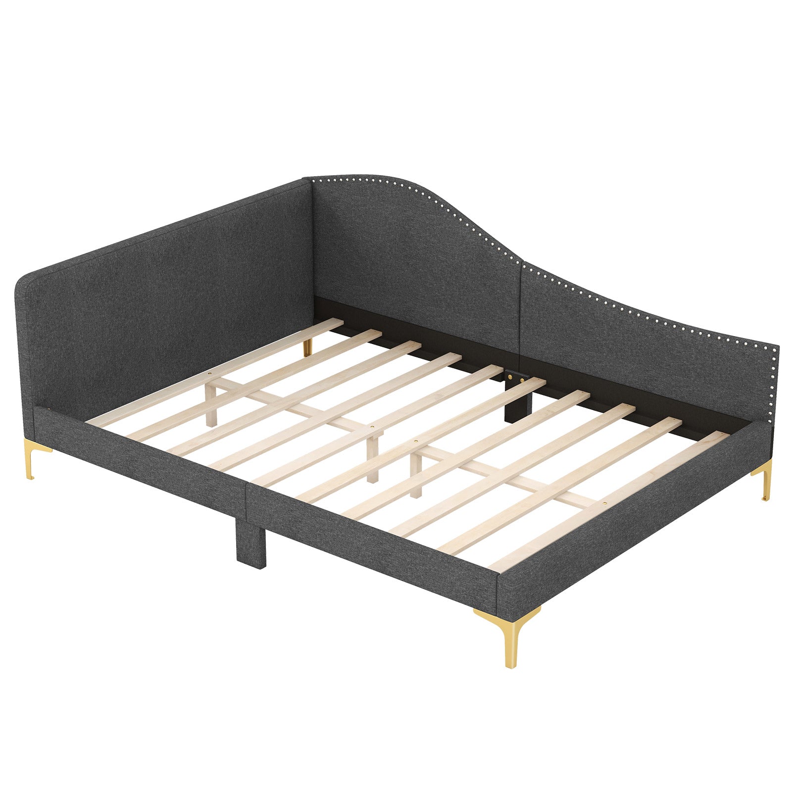 Full/Twin Size Rivet-Tufted Platform Bed with Metal Legs and Wood Slats
