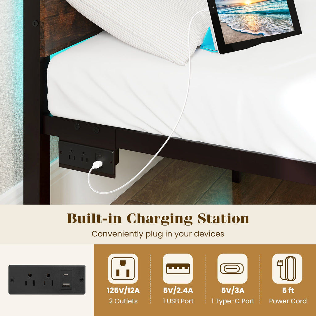 Heavy-Duty Metal Slats Support Bed Platform with Charging Station
