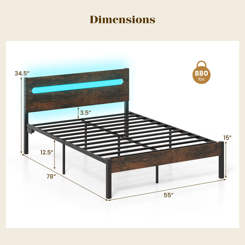 Heavy-Duty Metal Slats Support Bed Platform with Charging Station