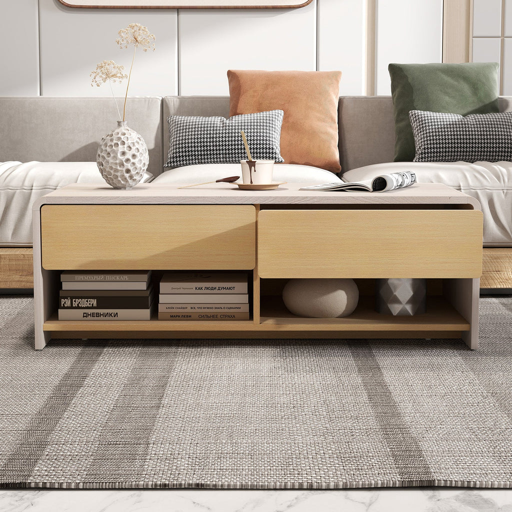 Home Coffee Table with 2 Drawers and 2 Storage Shelf-White & Natural