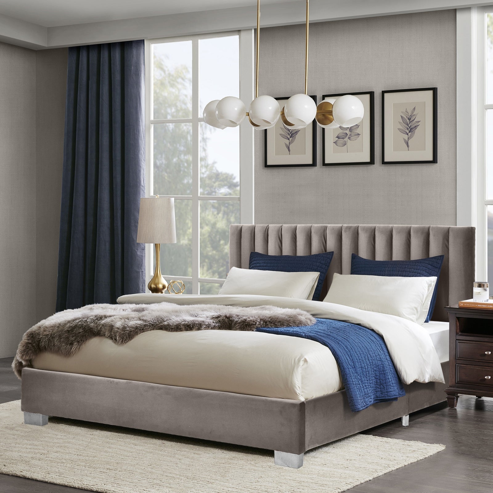 Full Tufted Upholstered Platform Bed Frame with Flannel Headboard