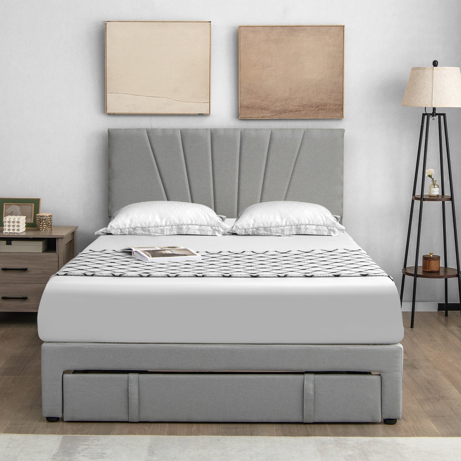 Full/Queen Size Upholstered Bed Frame with Drawer and Adjustable Headboard