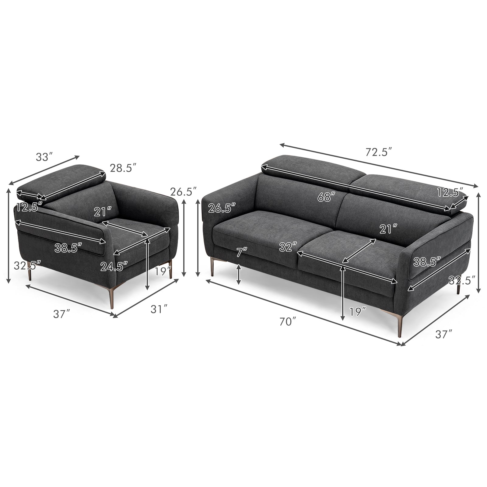 Modern Couched Sofa set with Adjustable Headrest