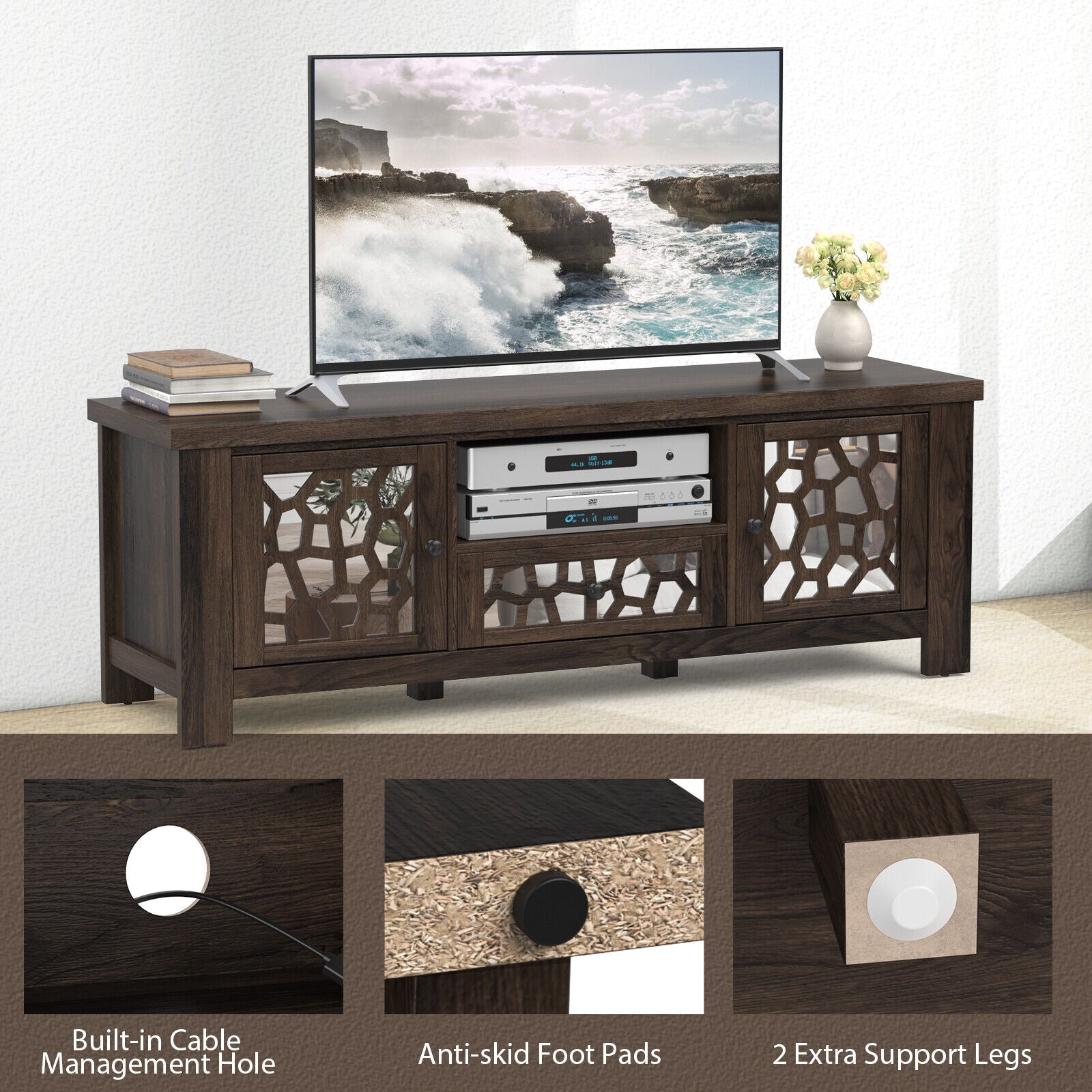 55 Inch Retro TV Stand Media Entertainment Center with Mirror Doors and Drawer
