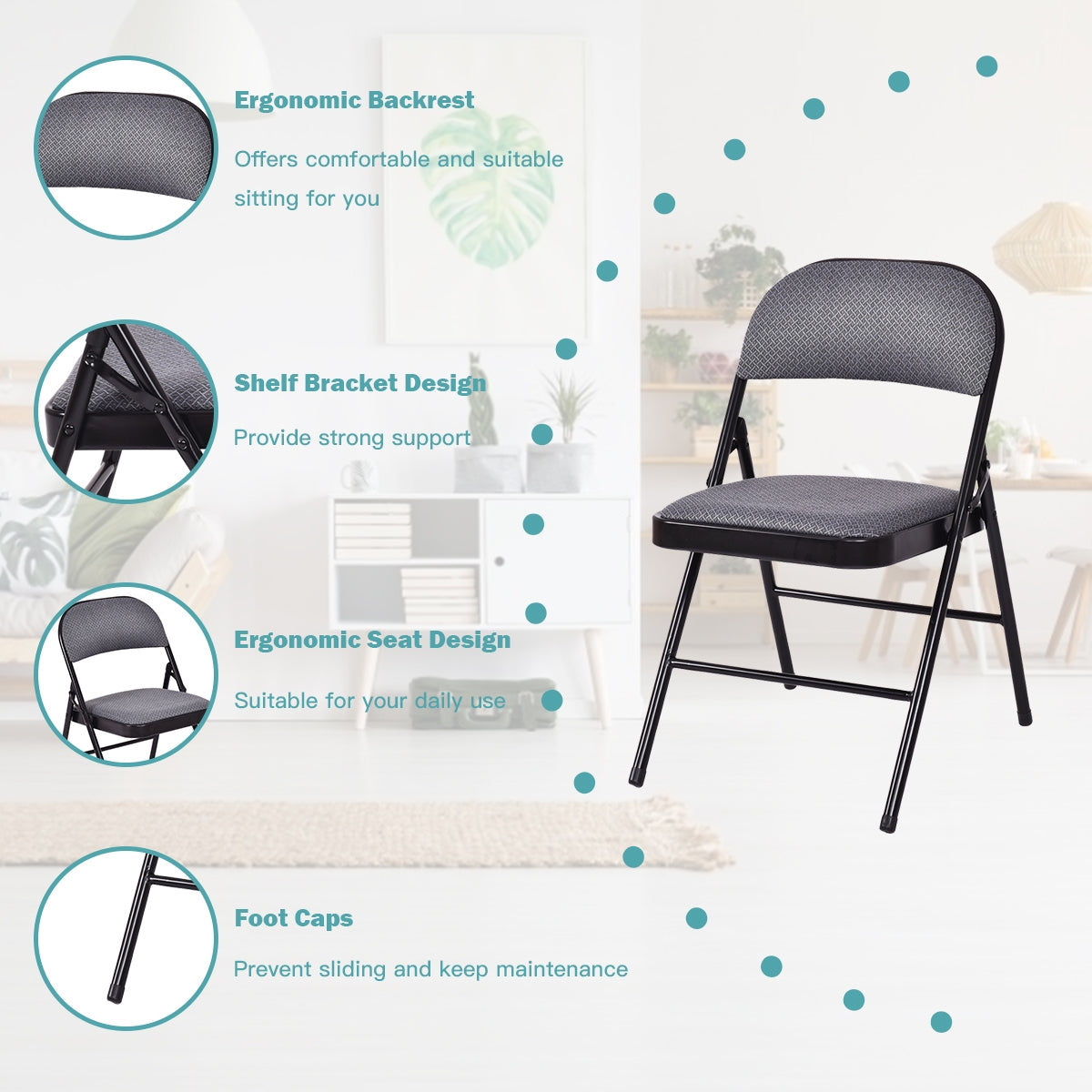 4 Pieces Fabric Upholstered Padded Seat Folding Chairs Seet