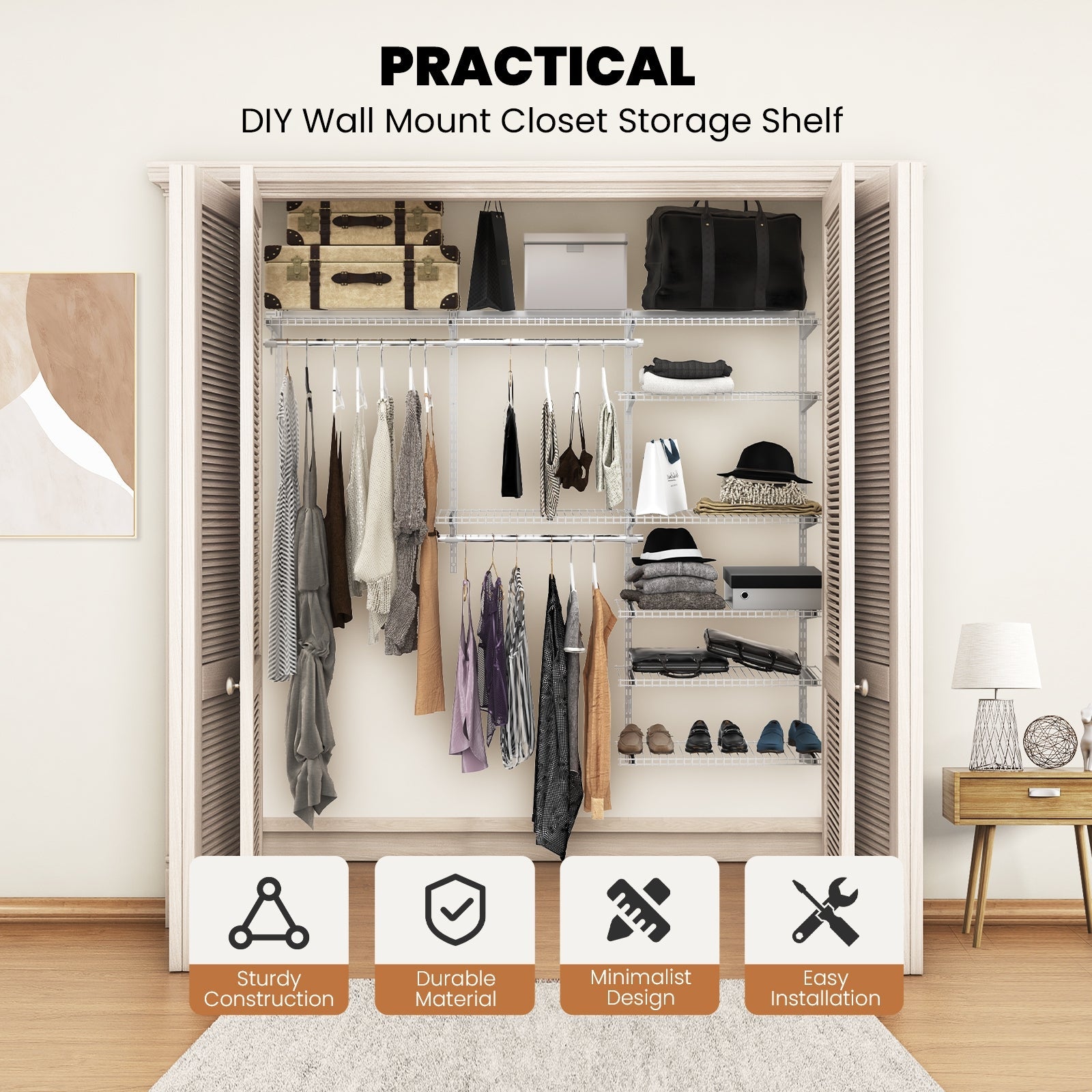 Adjustable Closet Organizer Kit with Shelves and Hanging Rods for 4 to 6 Feet