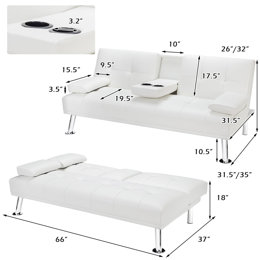 Convertible Folding Leather Futon Sofa with Cup Holders and Armrests