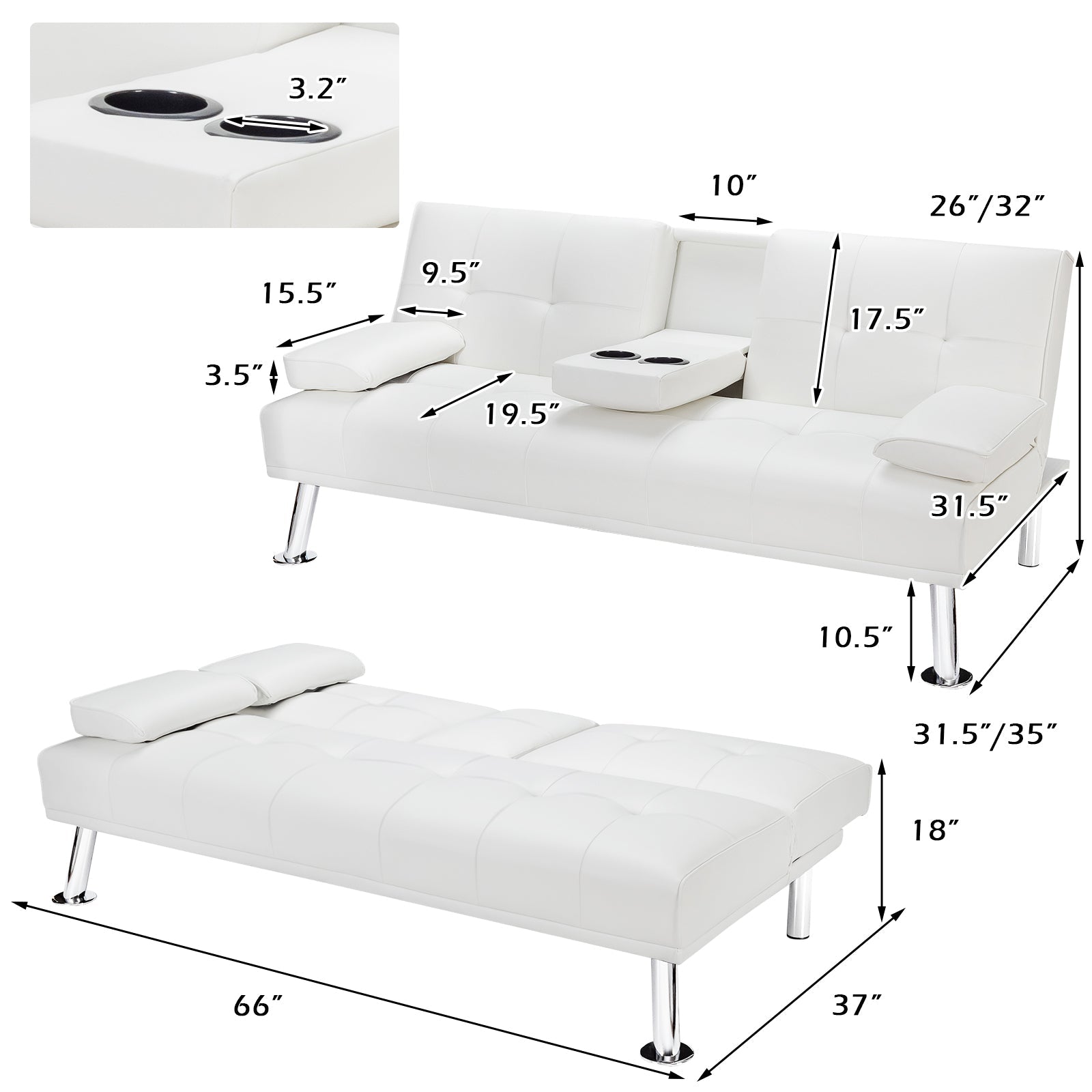 Convertible Folding Leather Futon Sofa with Cup Holders and Armrests