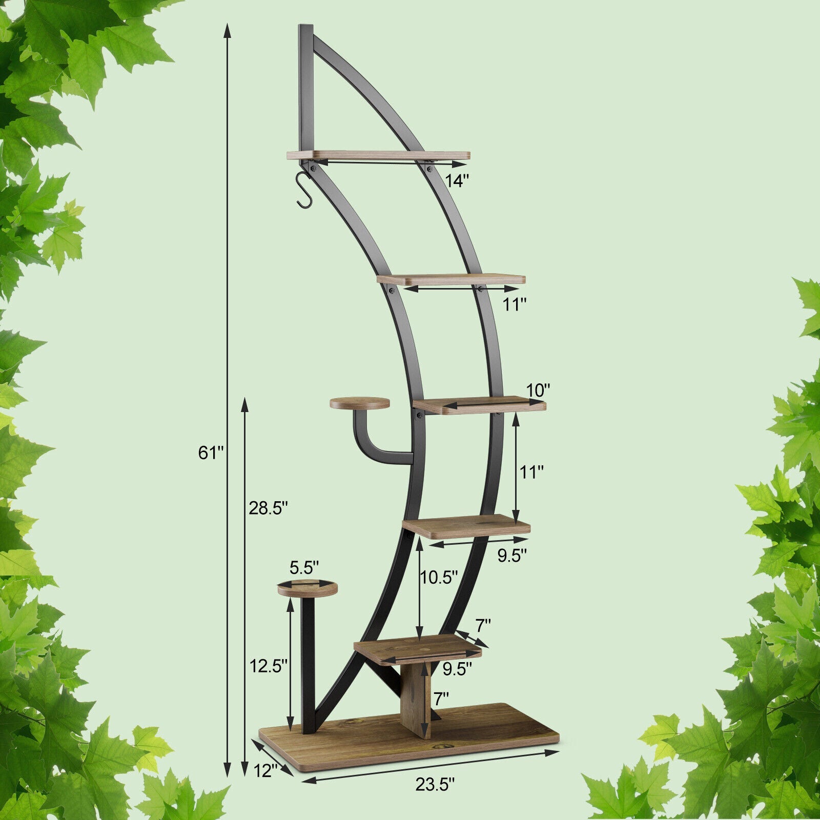 6-Tier 9 Potted Metal Plant Stand Holder Display Shelf with Hook-White