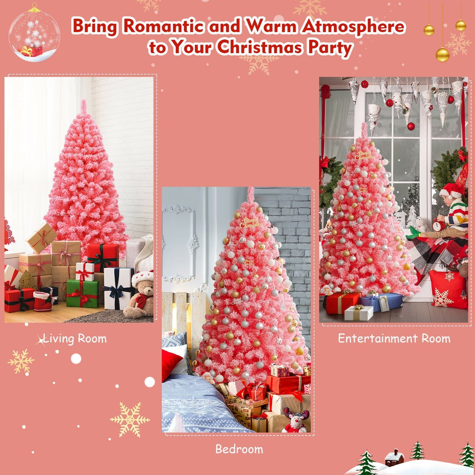 Pink Christmas Tree with Snow Flocked PVC Tips and Metal Stand