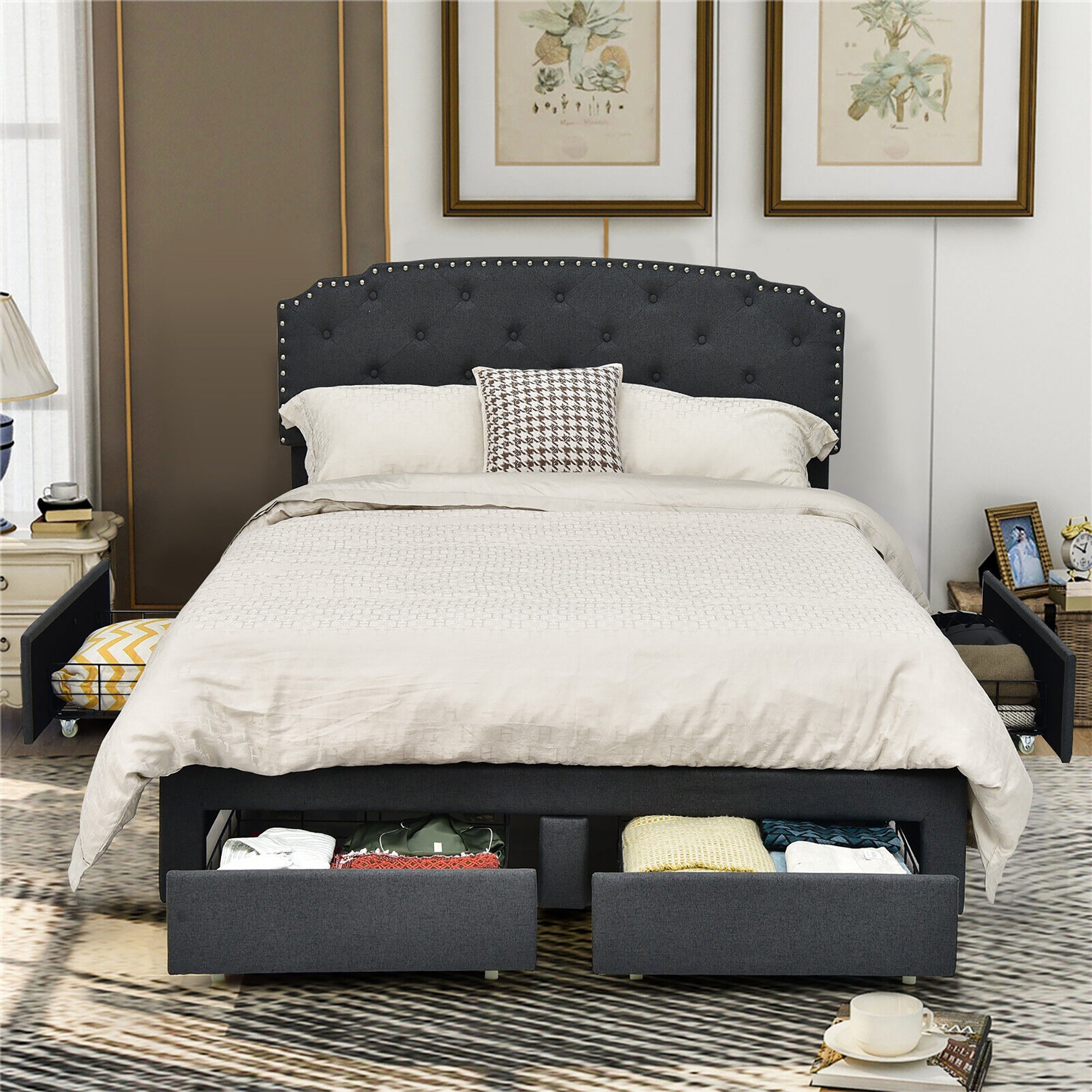 Platform Bed Frame with 4 Storage Drawers and Adjustable Headboard