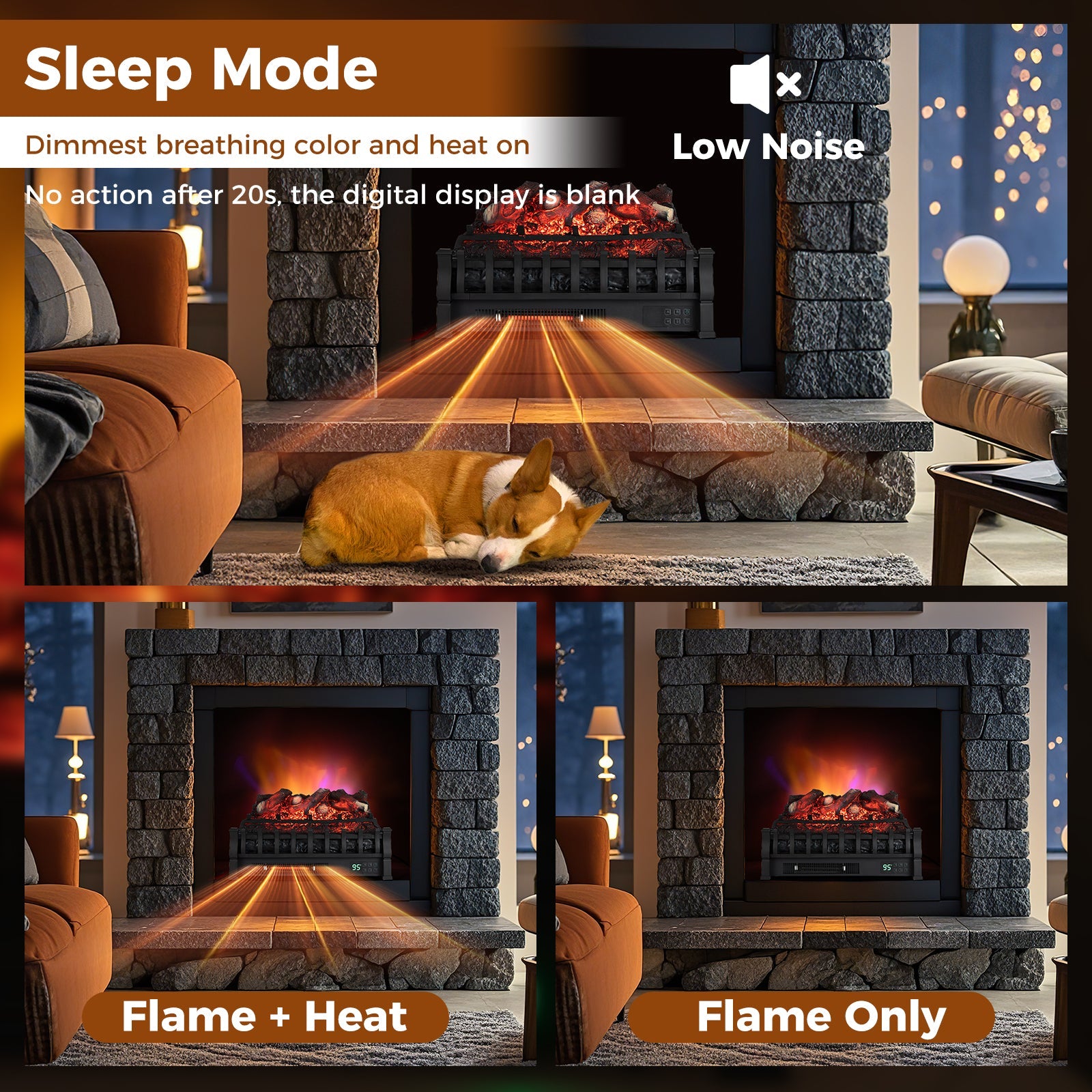 Infrared Quartz Electric Fireplace with Adjustable 3D Flame Colors and Overheat Protection-Black