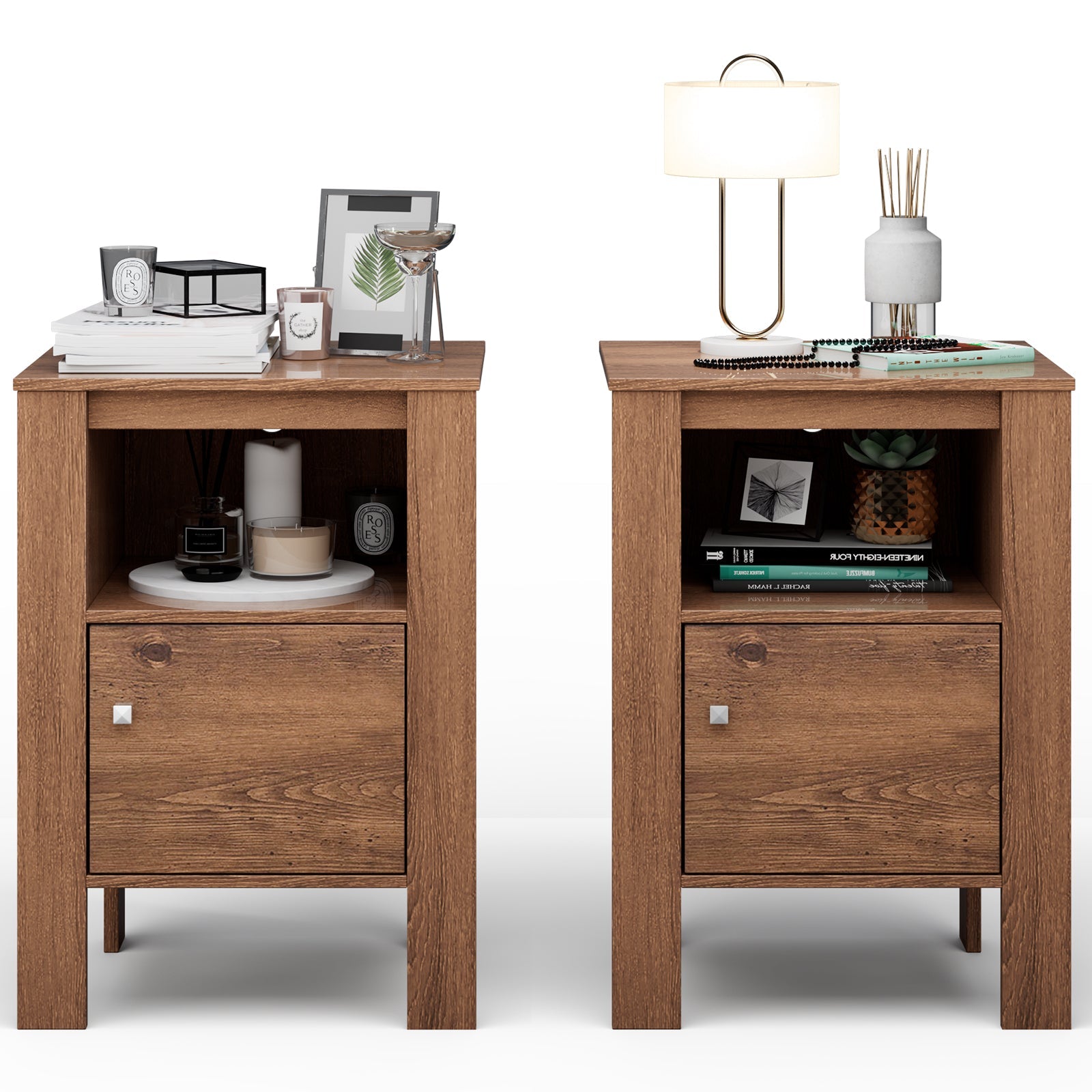 Compact Floor Farmhouse Nightstand with Open Shelf and Cabinet