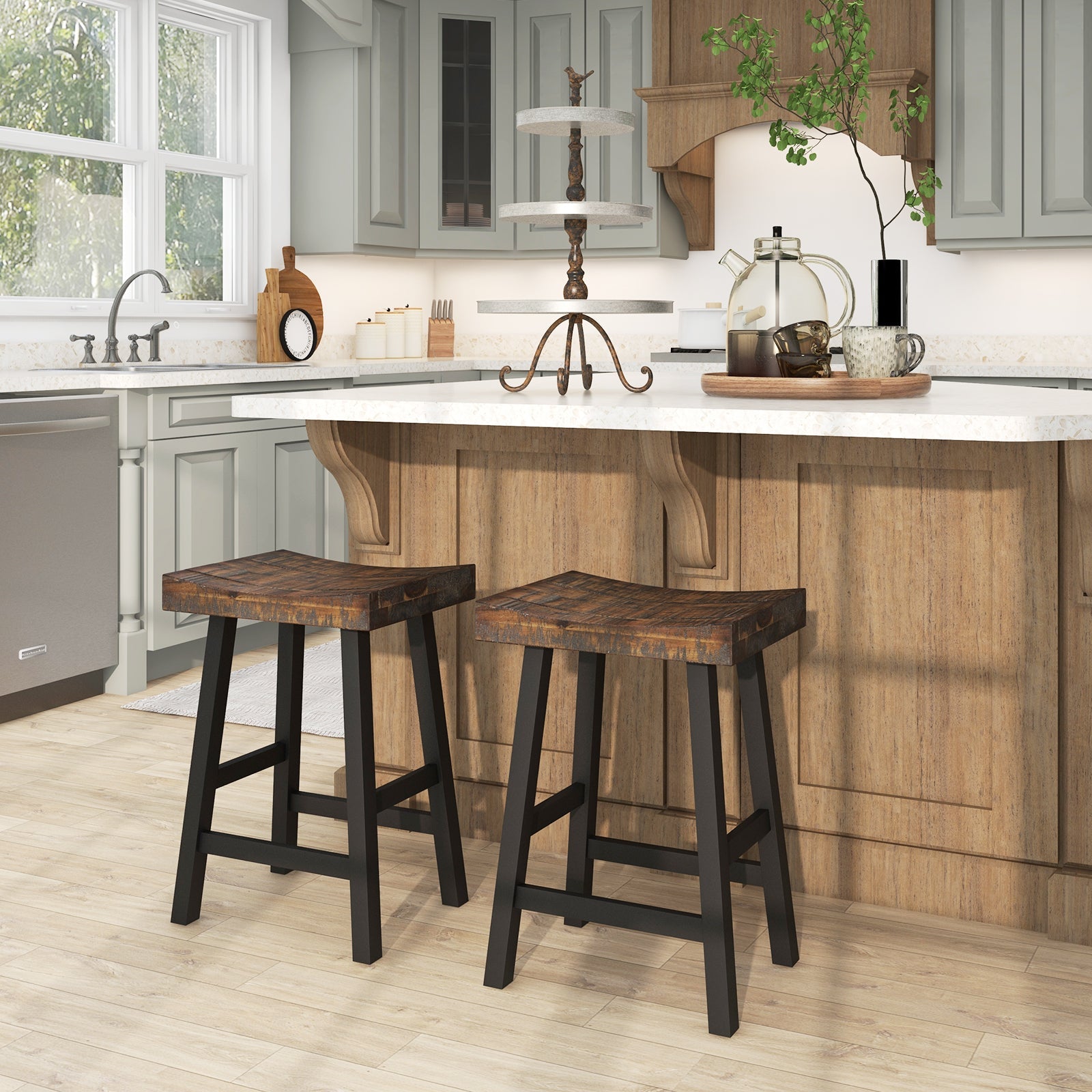 24 Inch Solid Wood Saddle-Seat with Curved Seat Surface and Comfortable Footrests