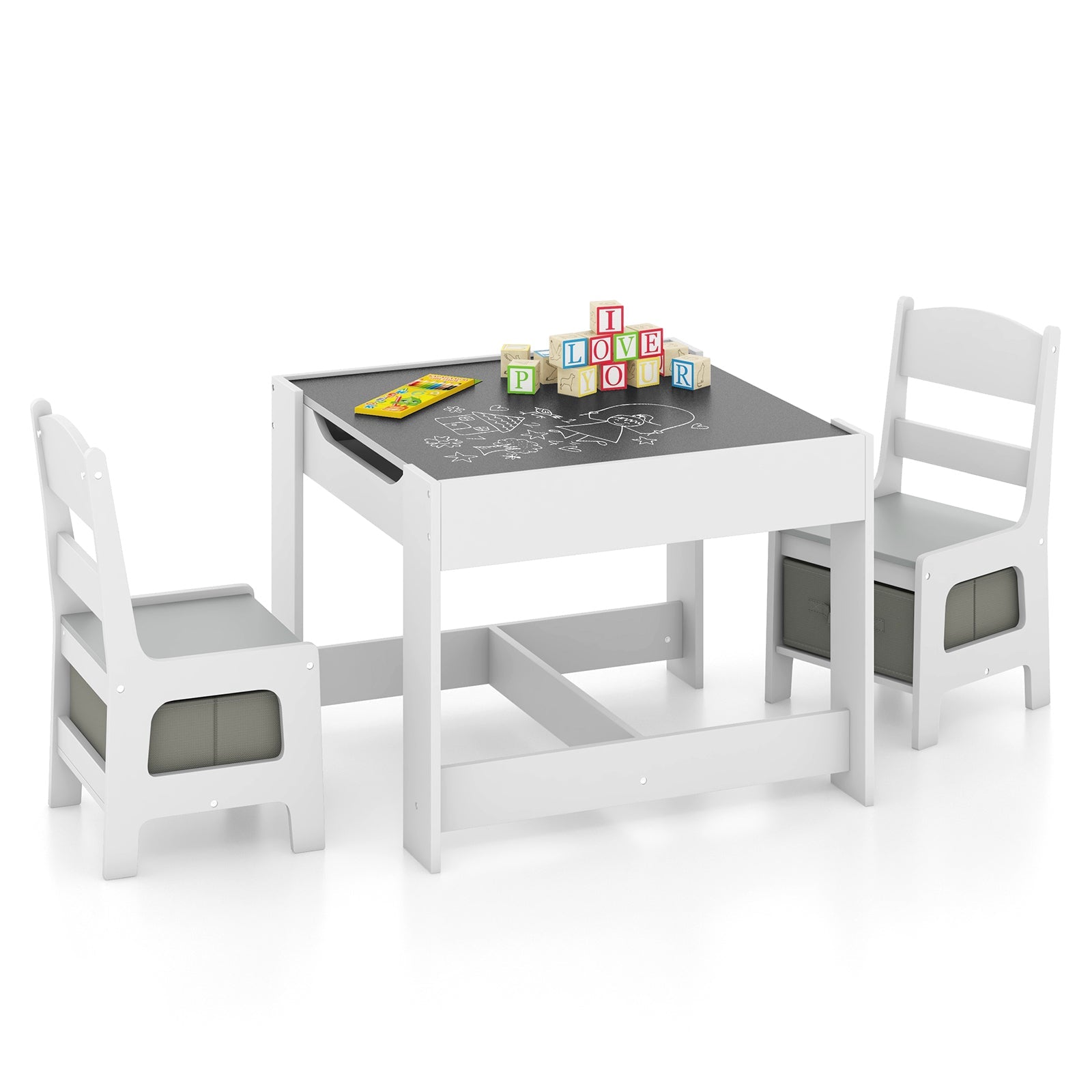 Kids Table Chairs Set With Storage Boxes Blackboard Whiteboard Drawing