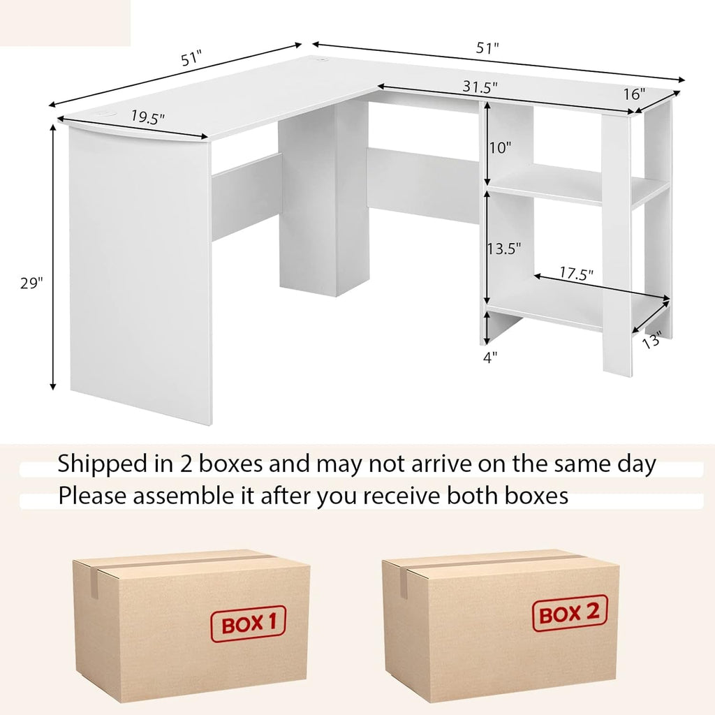 Large Modern L-shaped Computer Desk with 2 Cable Holes and 2 Storage Shelves-White