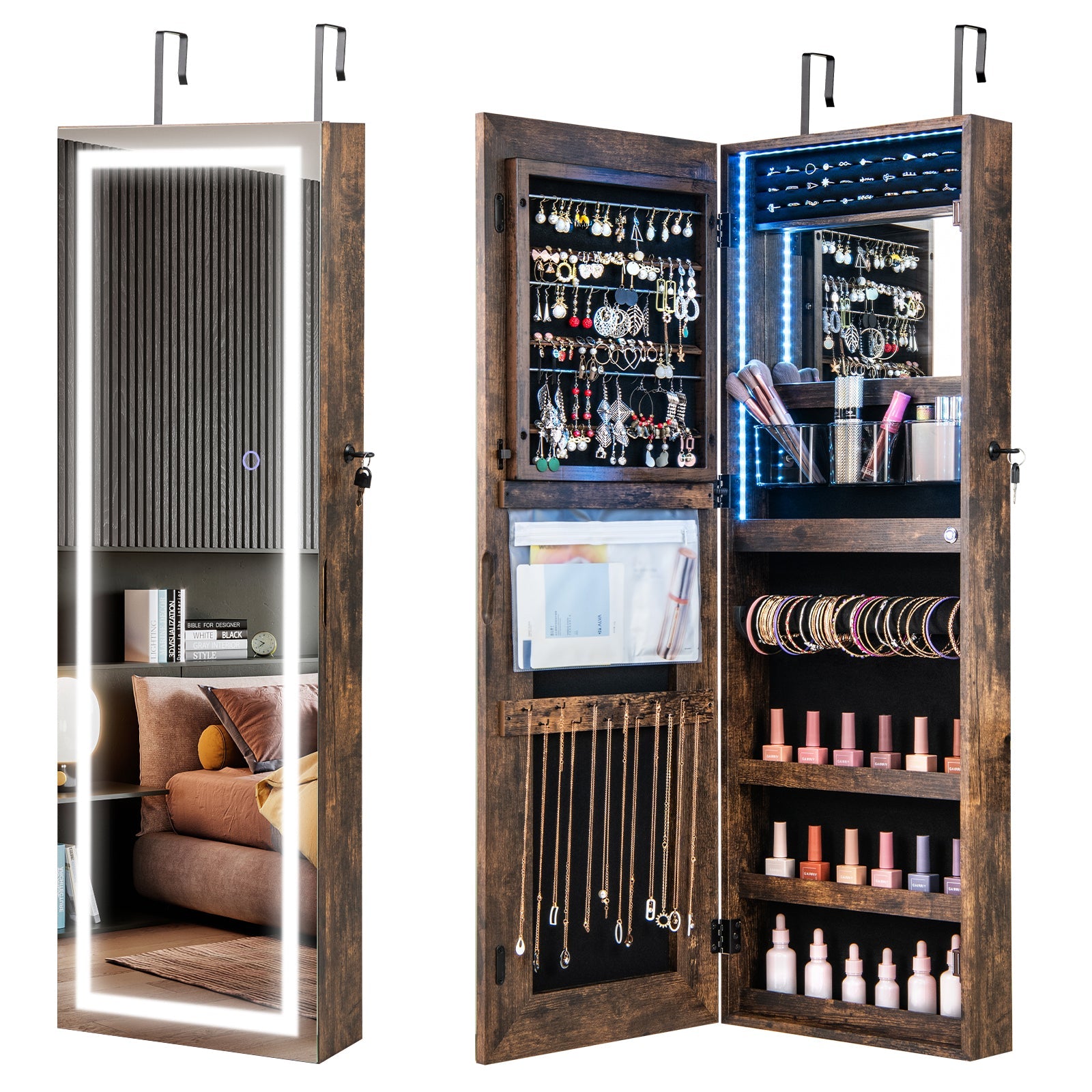 42.5 Inches Lockable Jewelry Mirror Wall Cabinet with 3-Color LED Lights