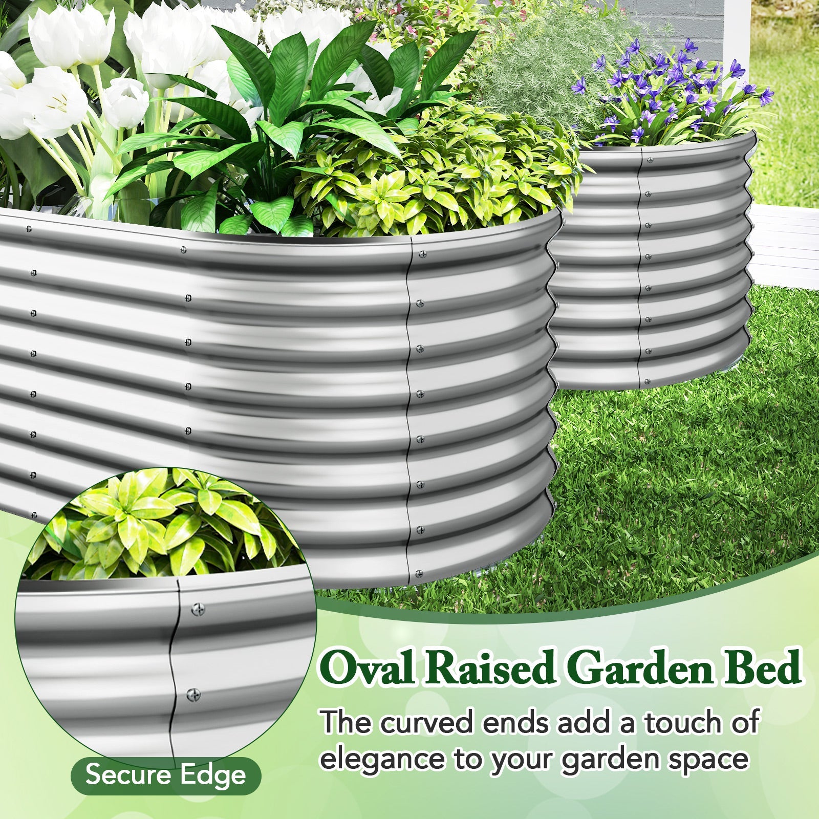 5 x 3 x 2 Feet Metal Oval Raised Garden Bed with Open Bottom Design-Silver