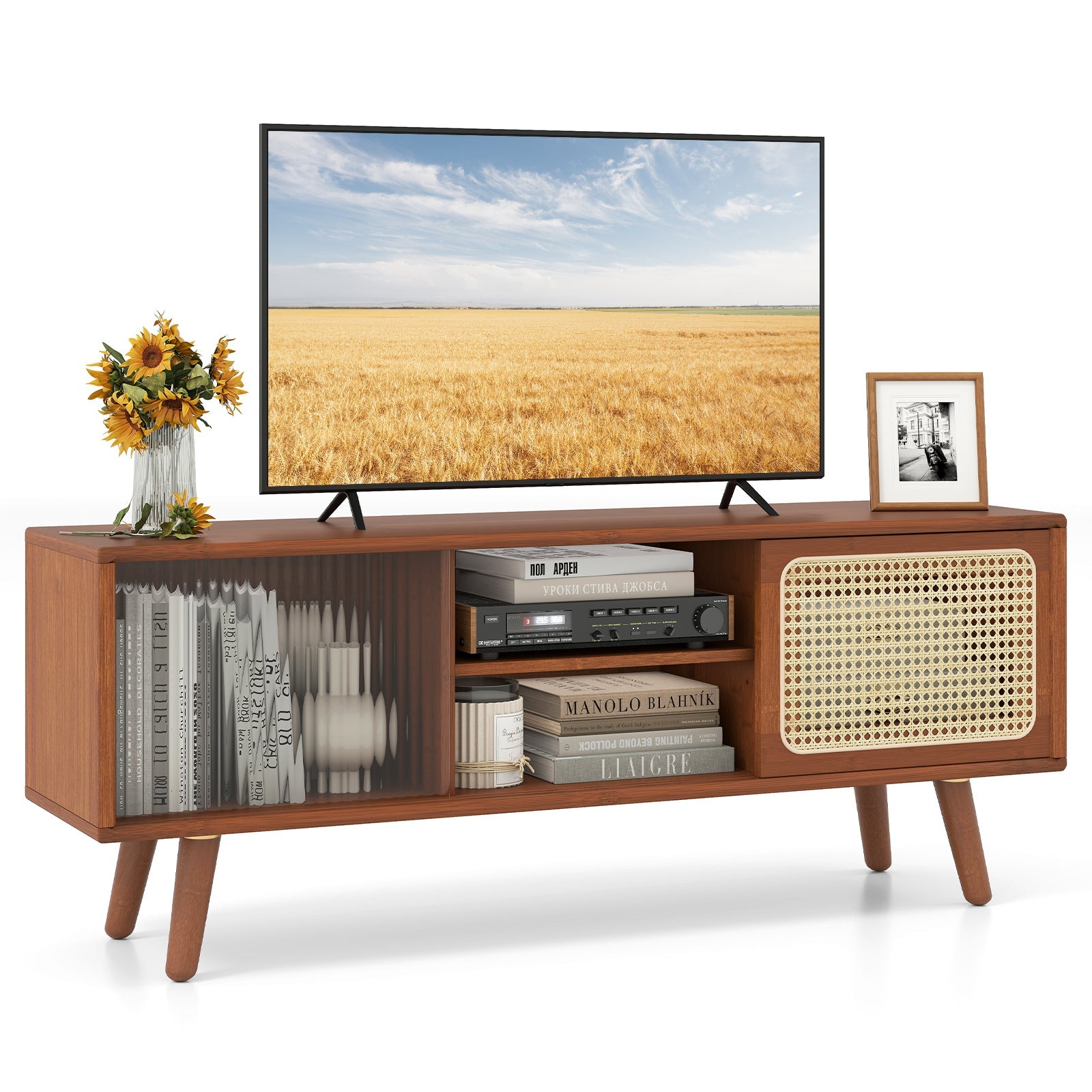 Modern TV Stand with Rattan Glass Sliding Doors