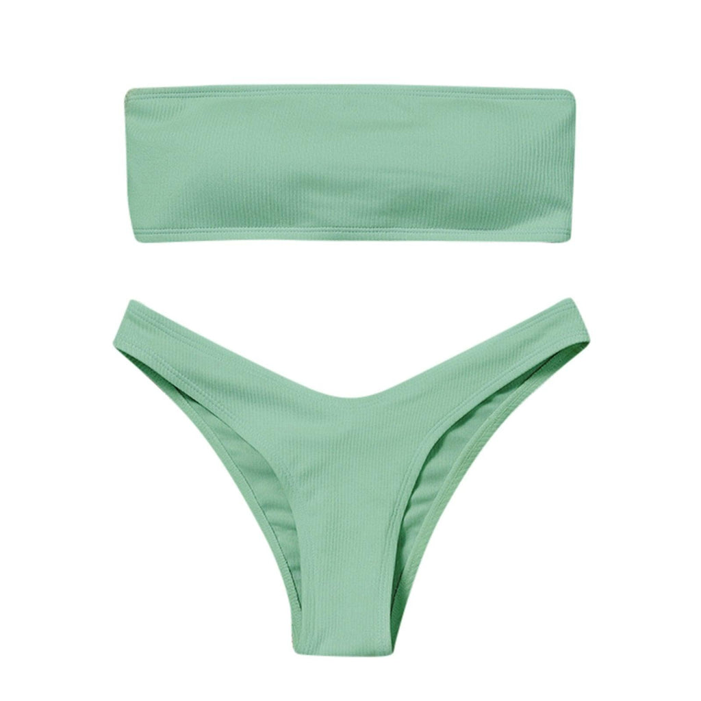 New Bikini High Waist Strapless Bikini Women Swimwear Women Swimsuit Padded Bathing Suit Pure Color Women's Bandeau Bikini Top-High Leg High Waist Bikini Bottom Set