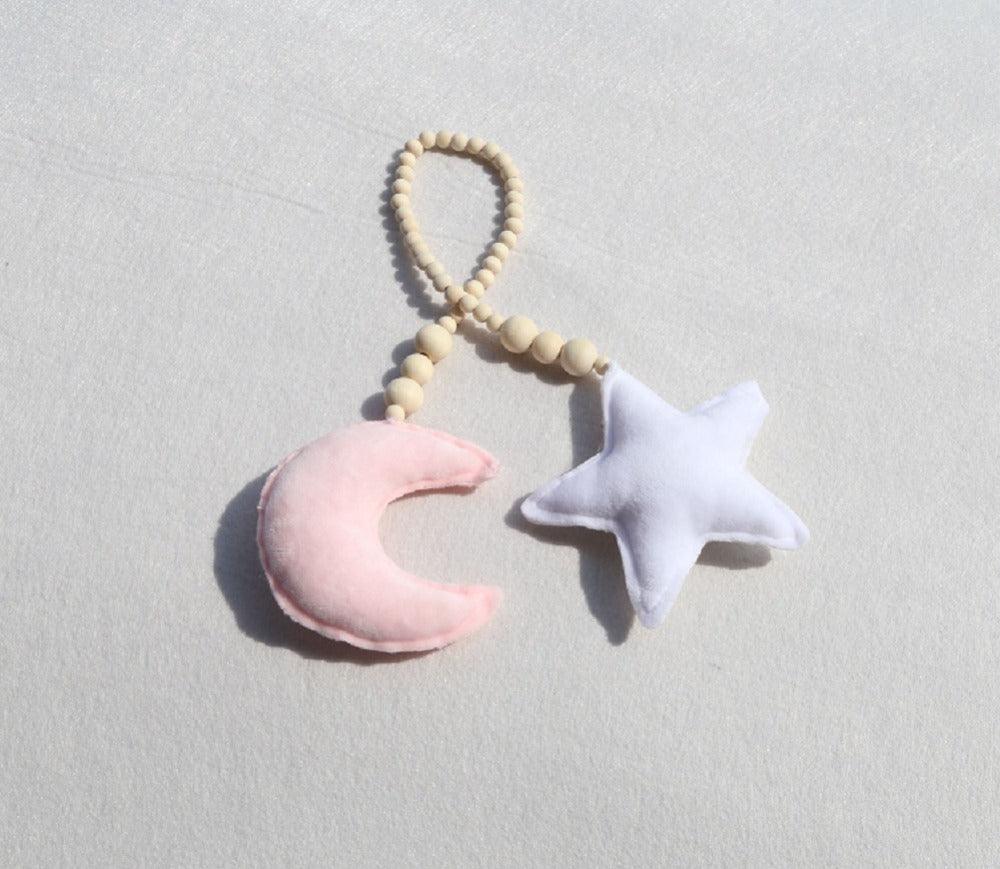 Nordic Wooden Beads Mobile Hanging Ornament Double Star Moon Nursery Bed Ornament For Kids Room Decoration Baby Shower Felt Nursery Ceiling Decoration For Girls/Boys Baby Crib Tent Hanging Pendant Wall Decor Photography Props