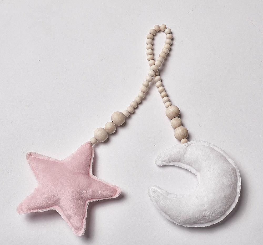 Nordic Wooden Beads Mobile Hanging Ornament Double Star Moon Nursery Bed Ornament For Kids Room Decoration Baby Shower Felt Nursery Ceiling Decoration For Girls/Boys Baby Crib Tent Hanging Pendant Wall Decor Photography Props