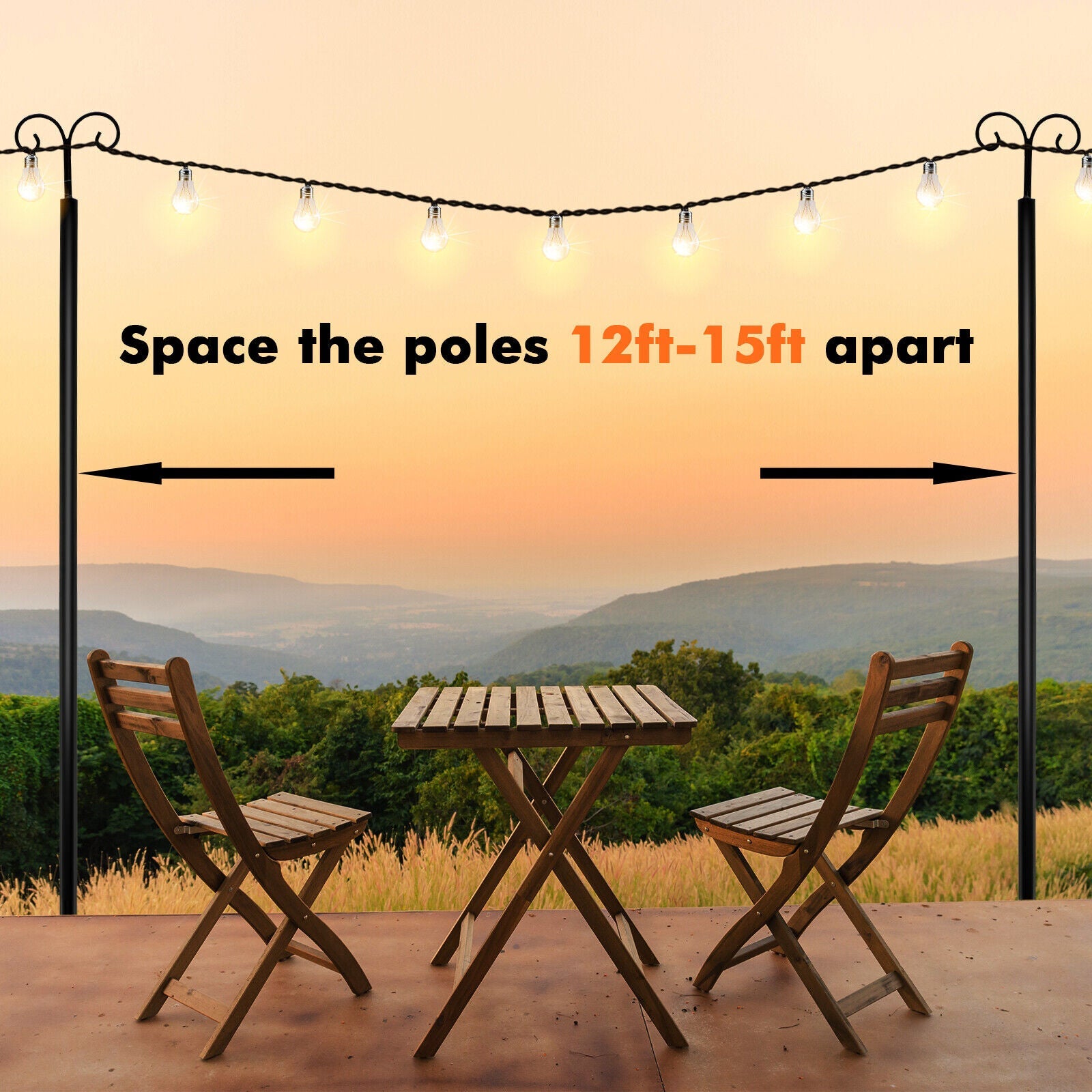String Light Poles 2 Pack Outdoor Metal Poles with Top Arc Hook and 5-Prong Base