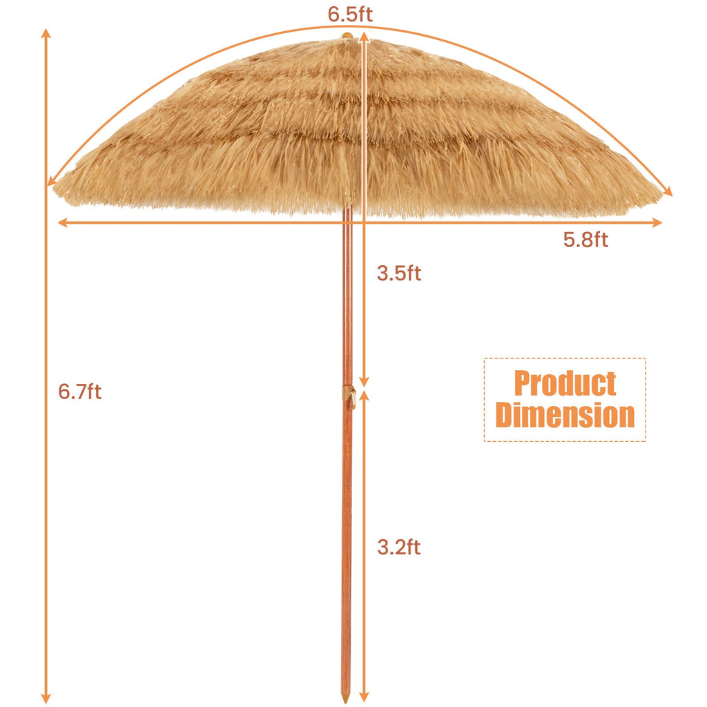 6.5 Feet Portable Thatched Tiki Beach Umbrella with Adjustable Tilt