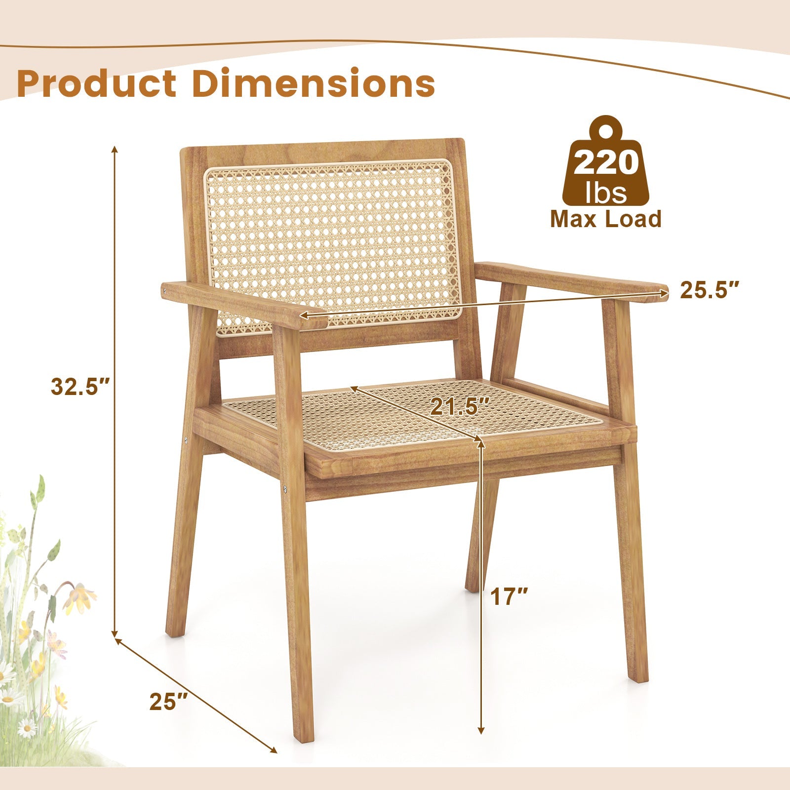 Indonesia Teak Wood Chair with Natural Rattan Seat and Curved Backrest for Backyard Porch Balcony