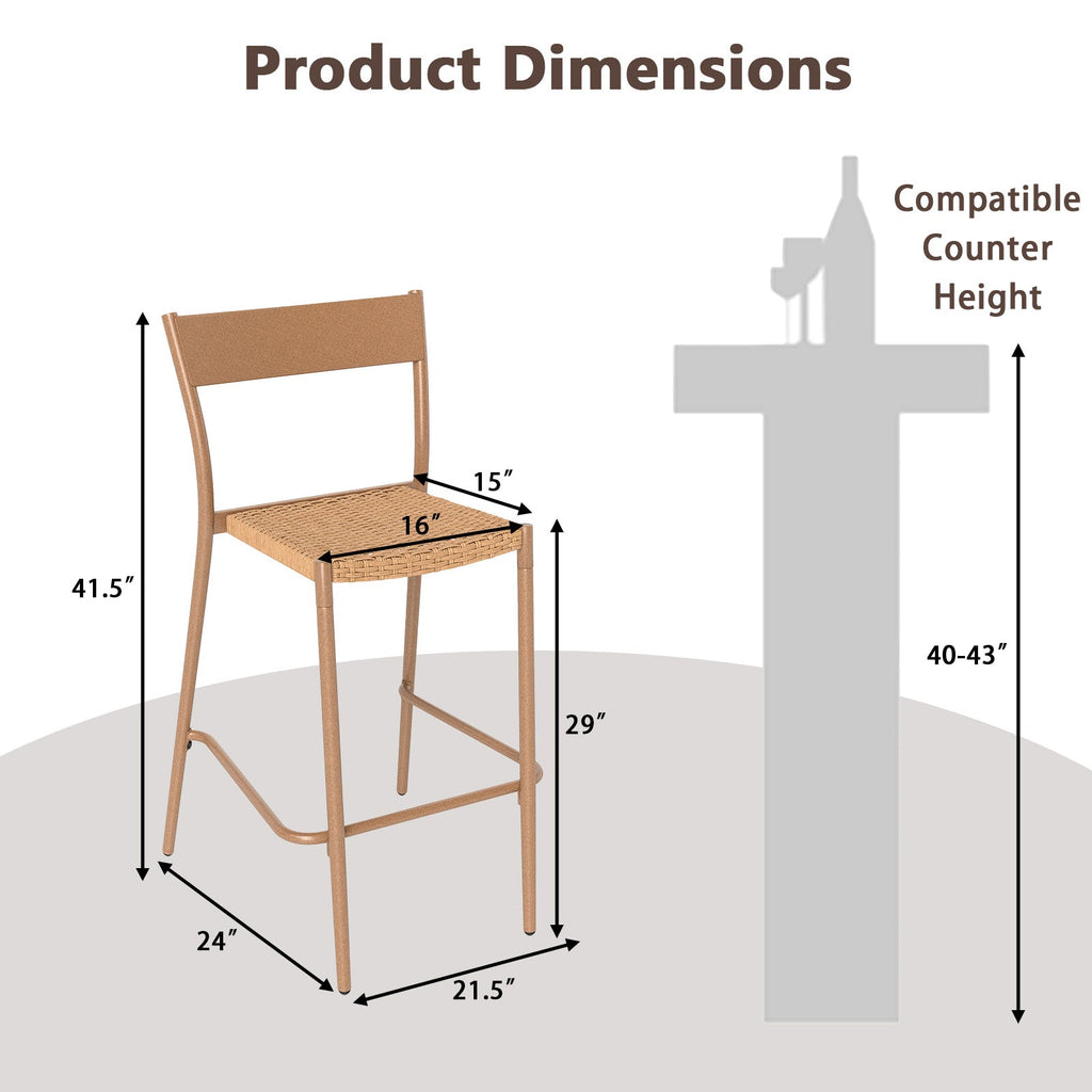 Patio Barstools Set of 4 with Rattan Seat and Metal Backrest-Light Brown
