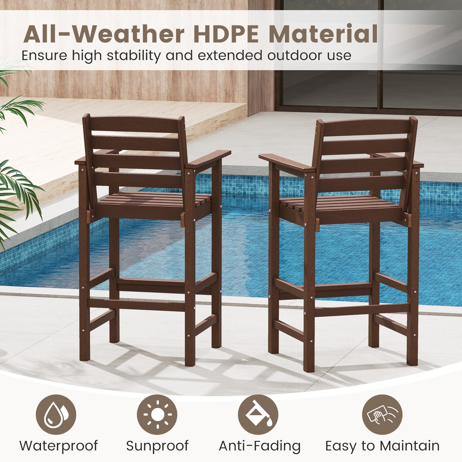Patio HDPE Adirondack Bar Chairs Set of 2 with Wide Armrests