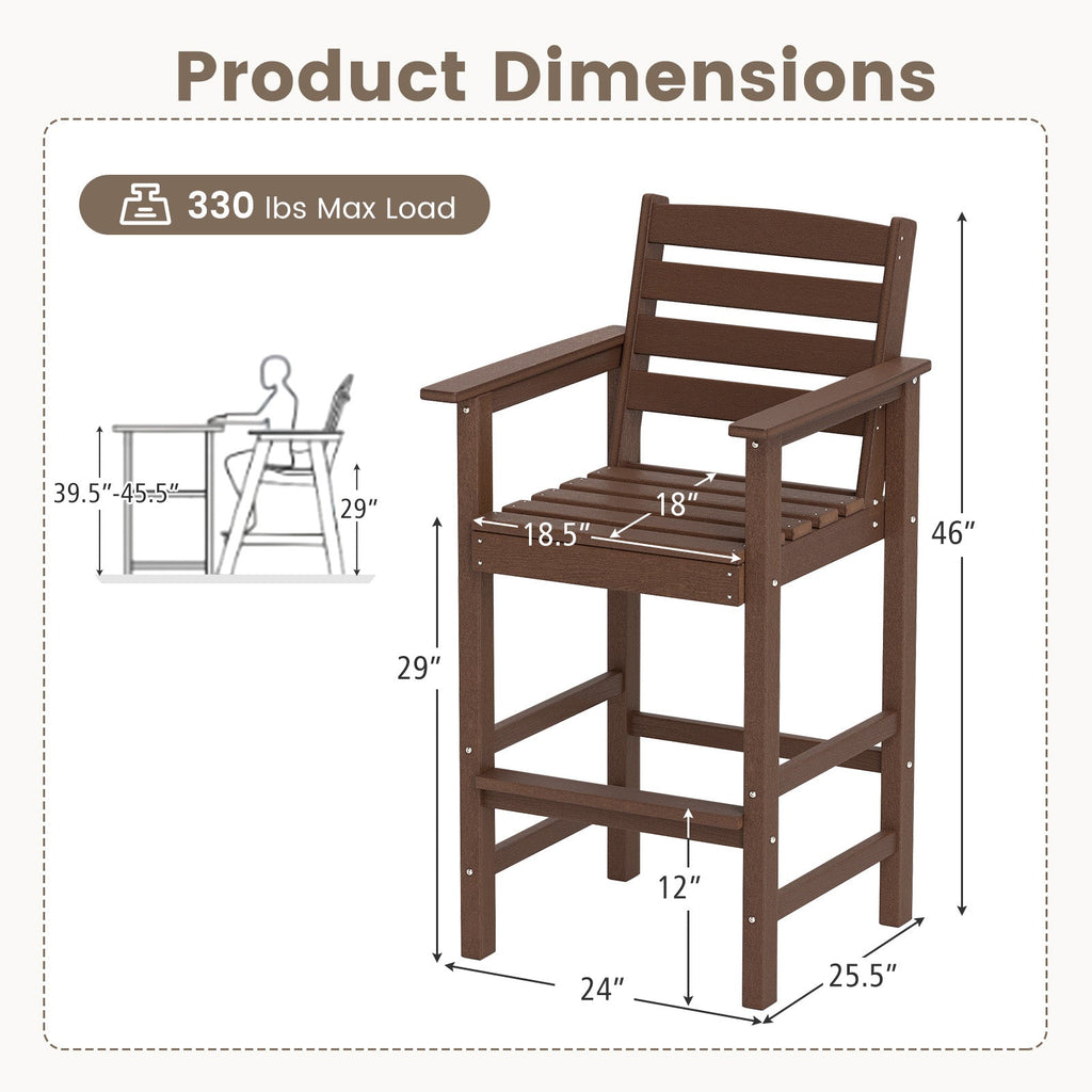 Patio HDPE Adirondack Bar Chairs Set of 2 with Wide Armrests