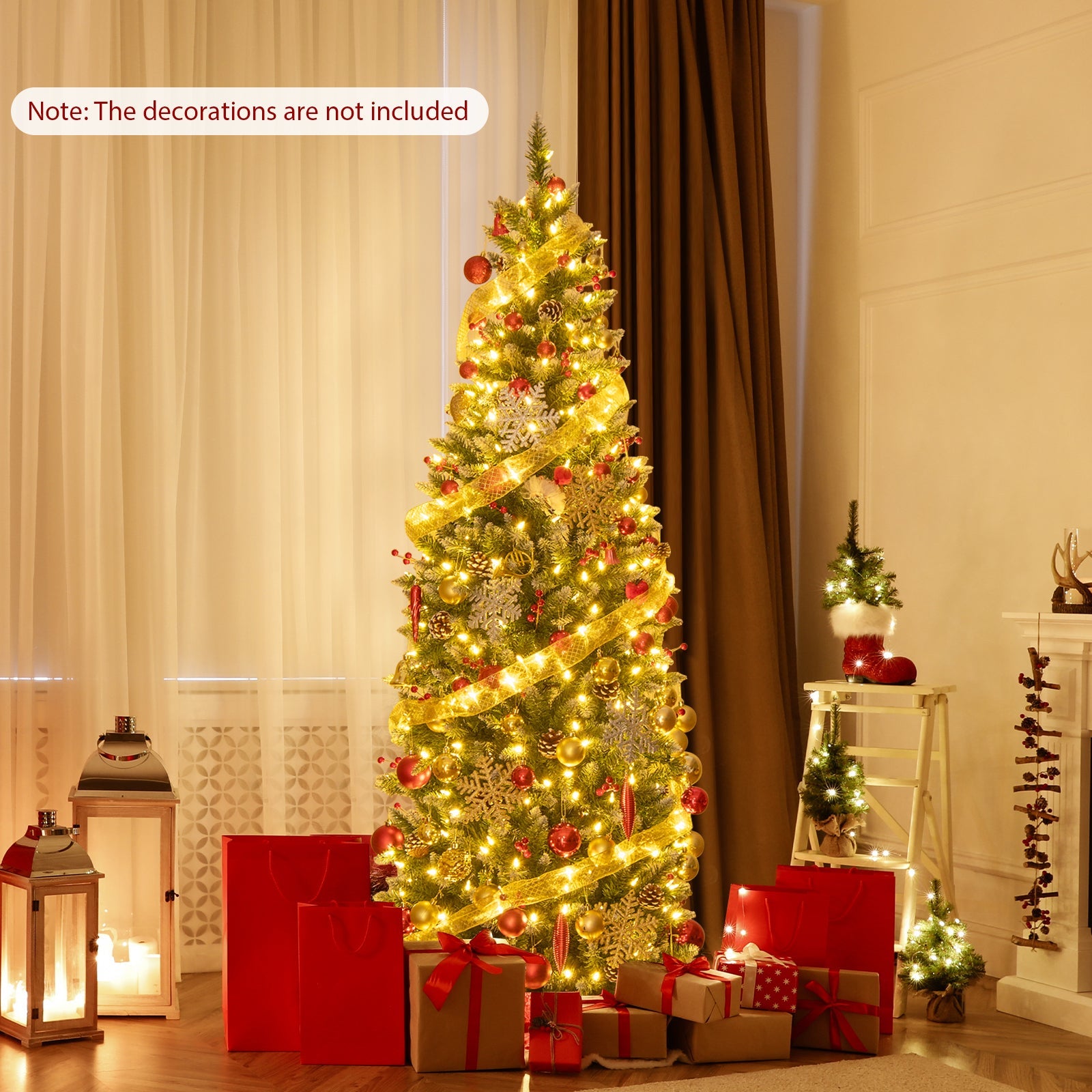 Pre-lit Artificial Pencil Christmas Tree with Pine Cones and Red Berries