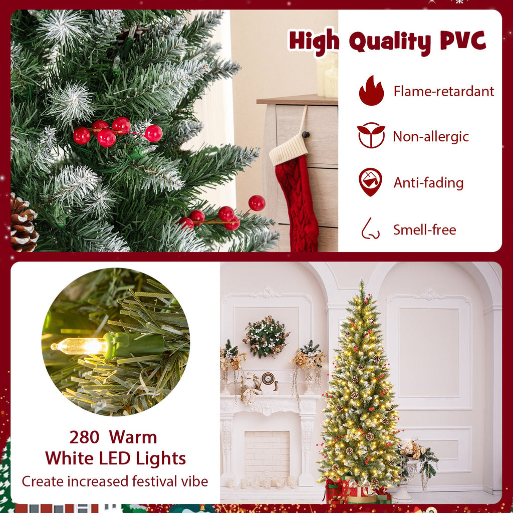 Pre-lit Artificial Pencil Christmas Tree with Pine Cones and Red Berries