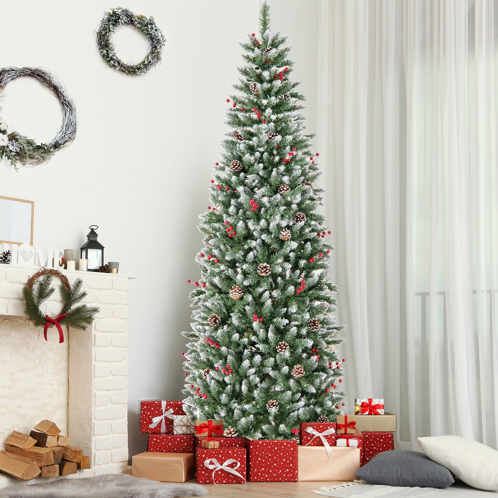 Pre-lit Artificial Pencil Christmas Tree with Pine Cones and Red Berries