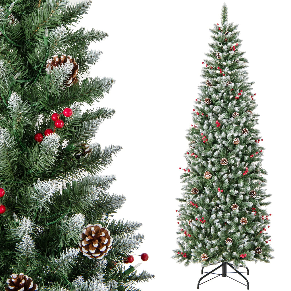 Pre-lit Artificial Pencil Christmas Tree with Pine Cones and Red Berries