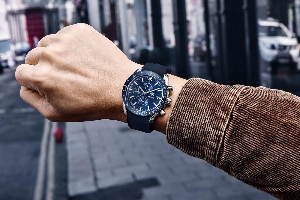 New Men Silver Blue Watch Business Analog Chronogragh Full Steel Luxury Casual Male Waterproof Sports Design Watches